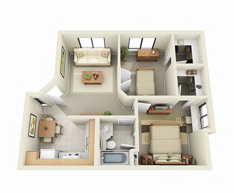 Floor plan for 2 beds, 1 bath, 614 sqft